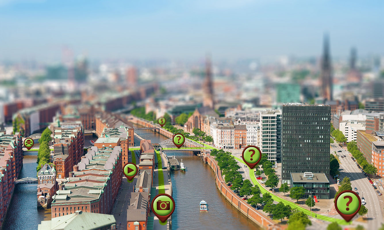 Hamburg Speicherstadt mit Pins, die Aufgabenstandorte anzeigen